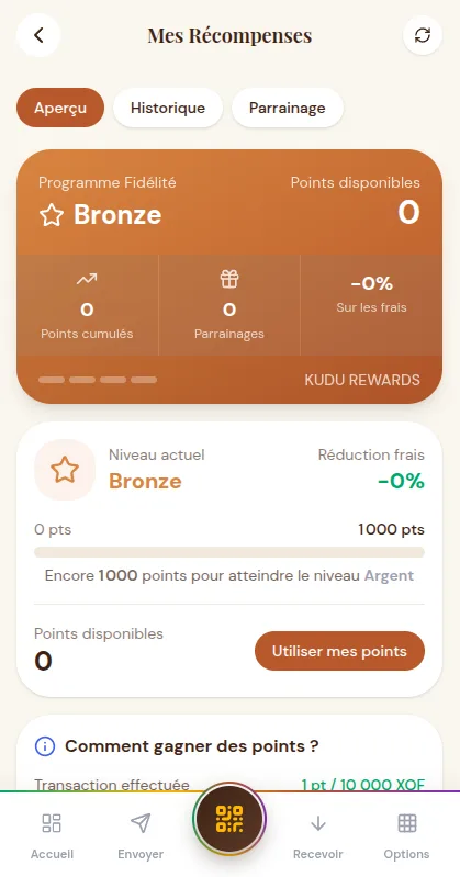 Kudu app showing loyalty tiers and referral rewards